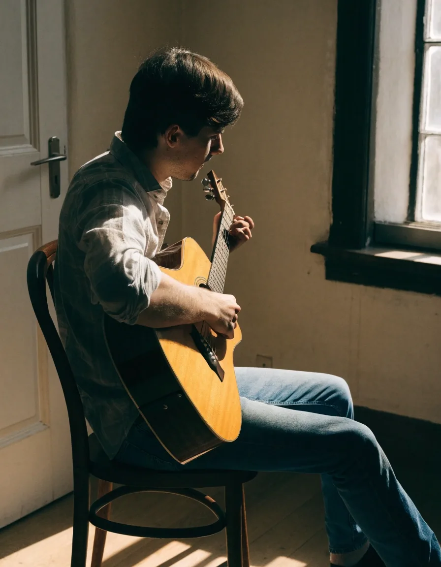 A guitar tutor seated in the studio teaching room playing an acoustic guitar in daylight from one window