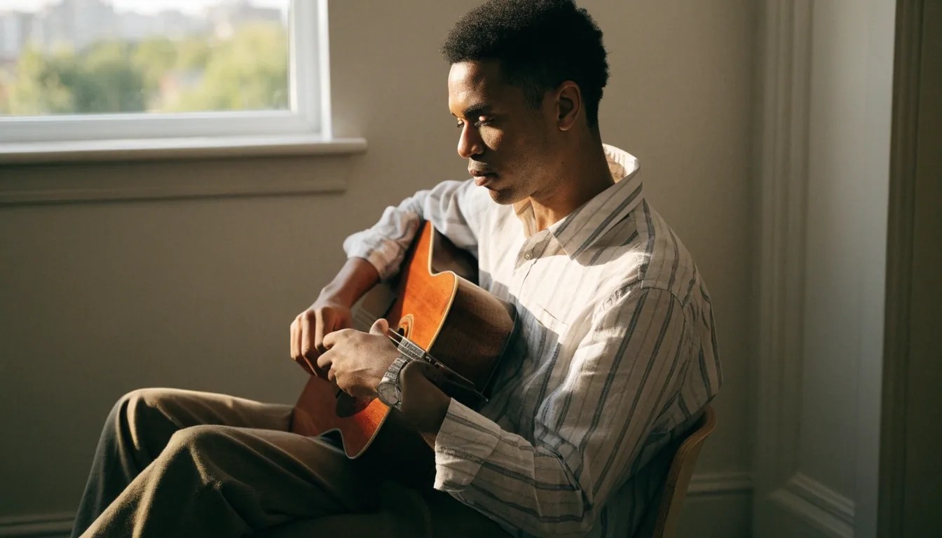 A home guitar practice corner in evening light with an acoustic guitar on a stand and an open practice binder