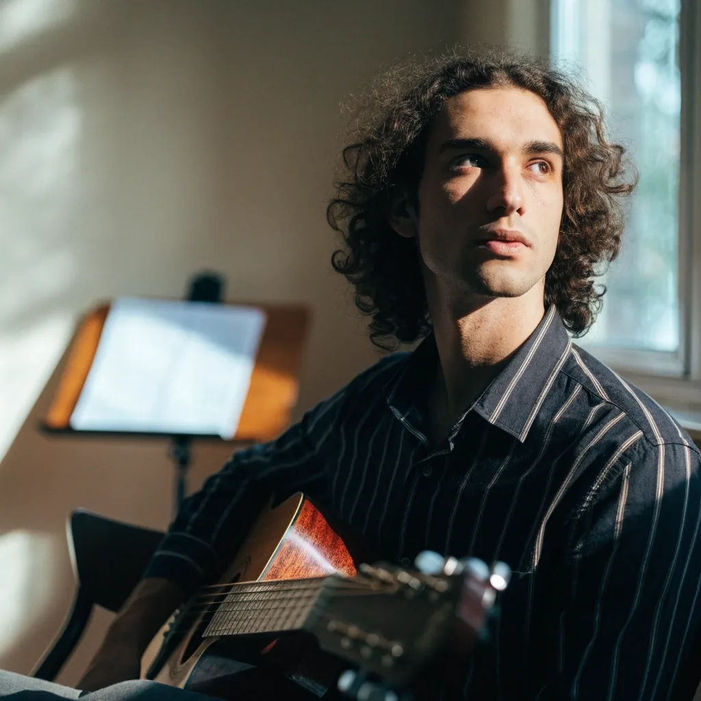 Close view of a guitarist's hands on the fretboard in the studio teaching room under cool window light
