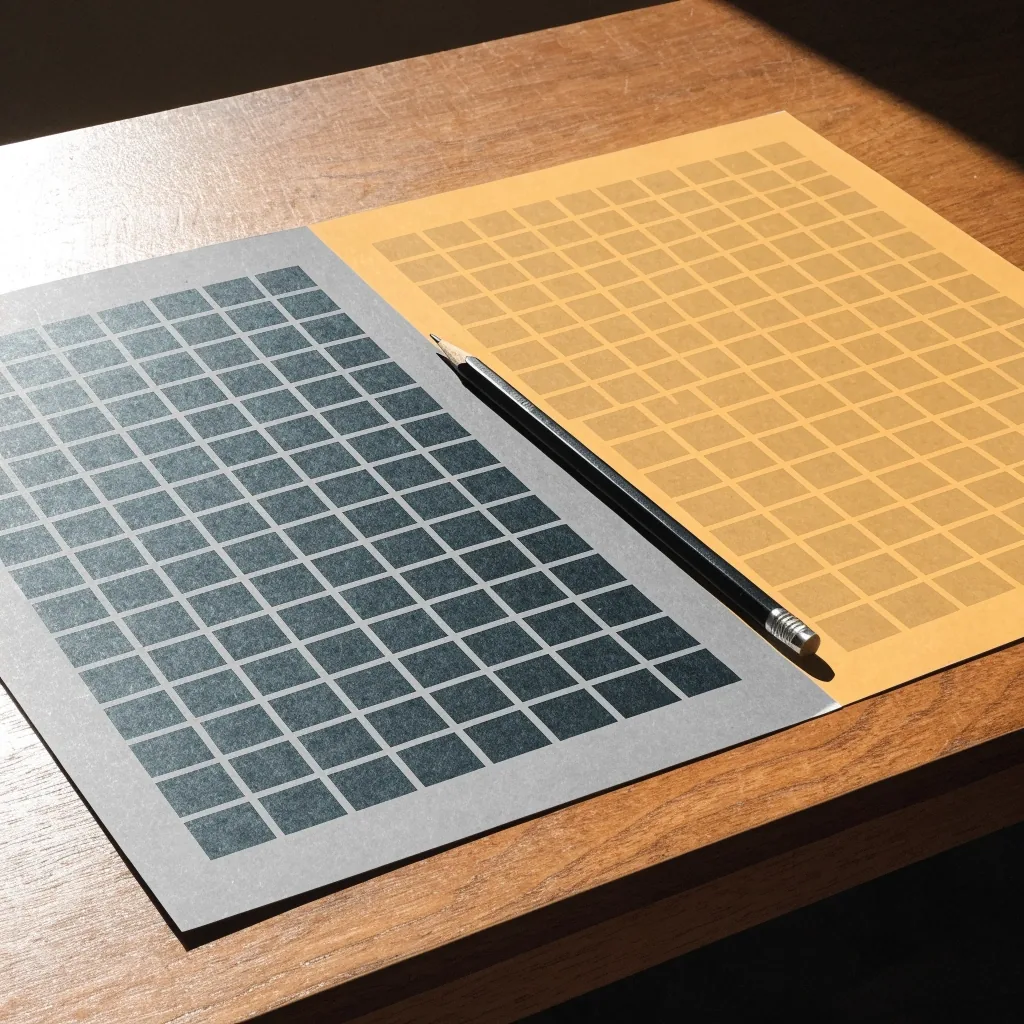 Two printed lesson panels in two flat colours laid out side by side on a table