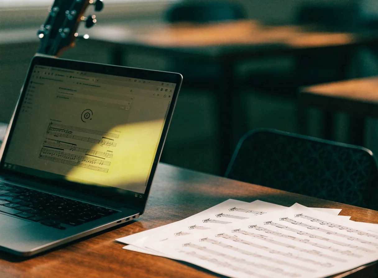 Laptop on a teaching room desk beside printed music paper, with the browser settings panel shown as a soft angled glow