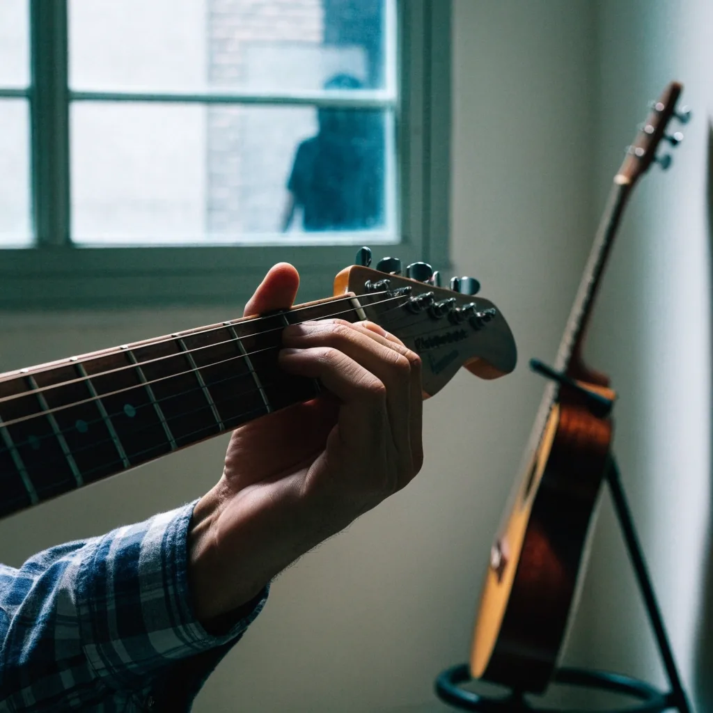 A guitarist's hand forming a barre chord on an acoustic guitar