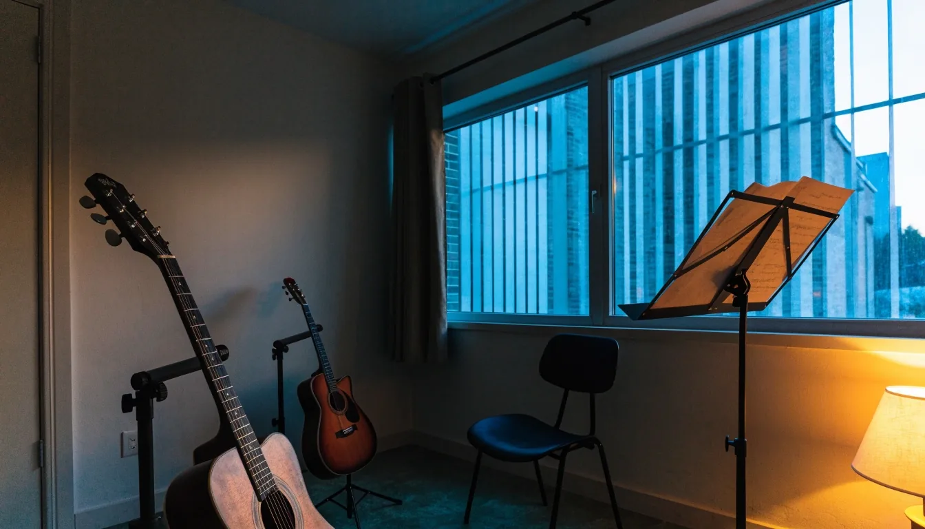 A small guitar teaching room at dusk with two guitars on stands and a music stand