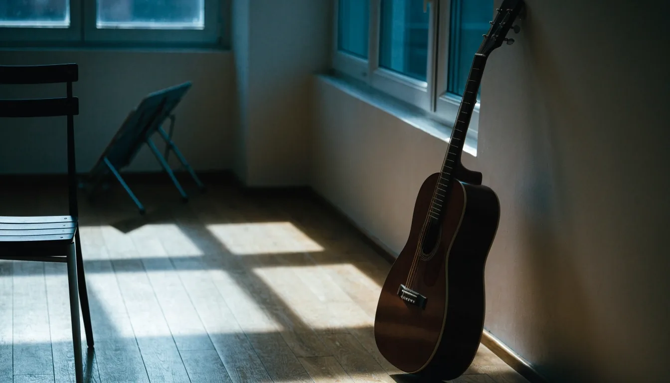 A guitar resting against the studio wall beside a folded music stand in late light