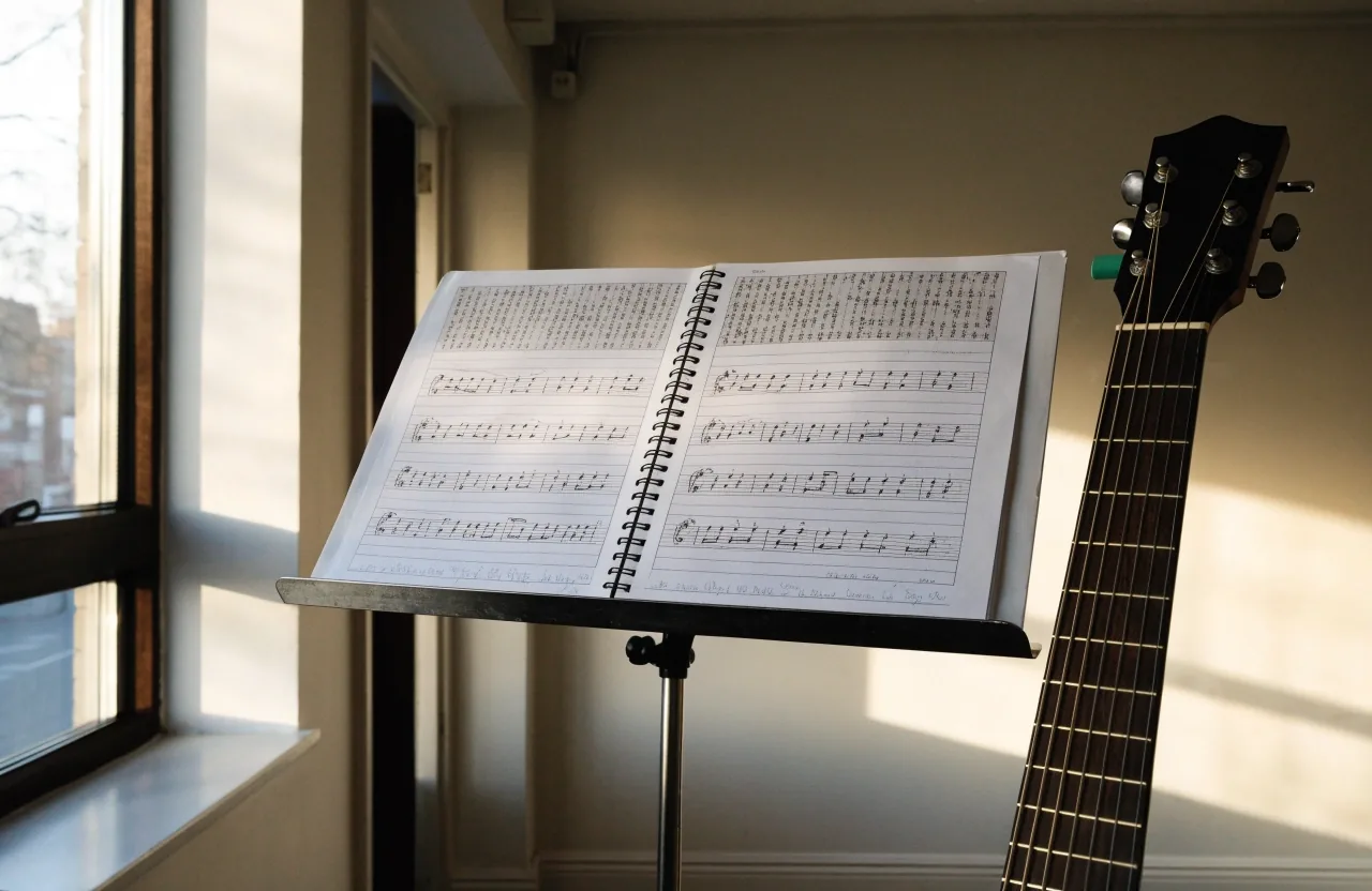 An open guitar practice binder on a stand beside an acoustic guitar in a cool-lit teaching room