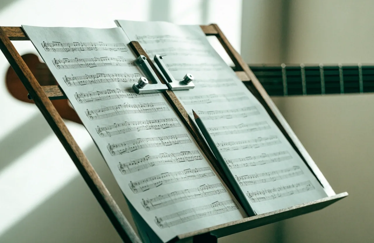 Open printed stave pages with a pencil resting where the printed rows end