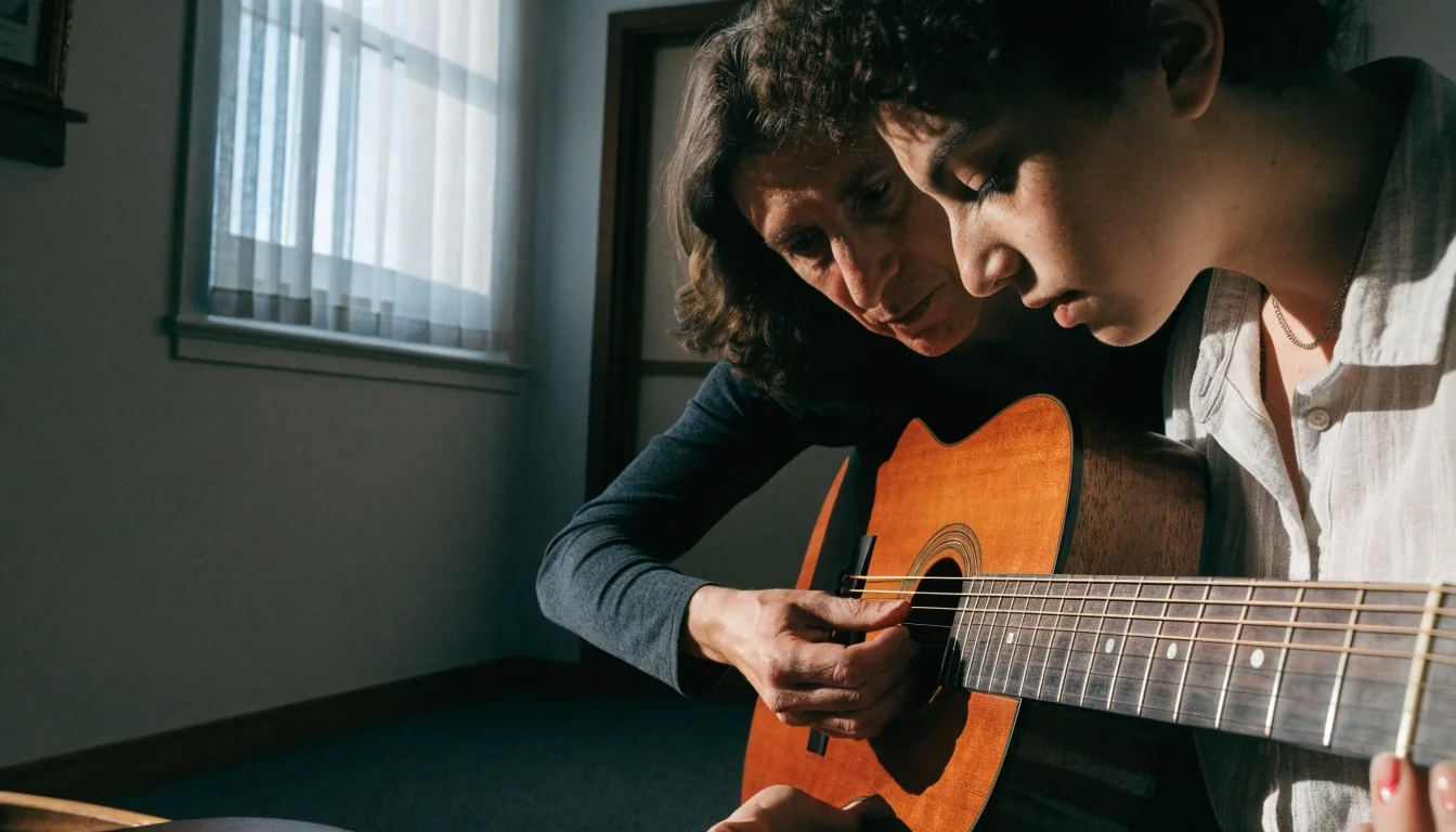A tutor and an adult beginner working through a chord shape on an acoustic guitar in a small teaching room