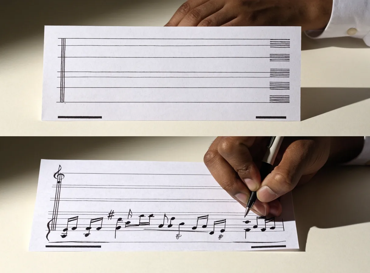 Open printed staves on a table with a pencil resting where the printed rows end and handwriting continues