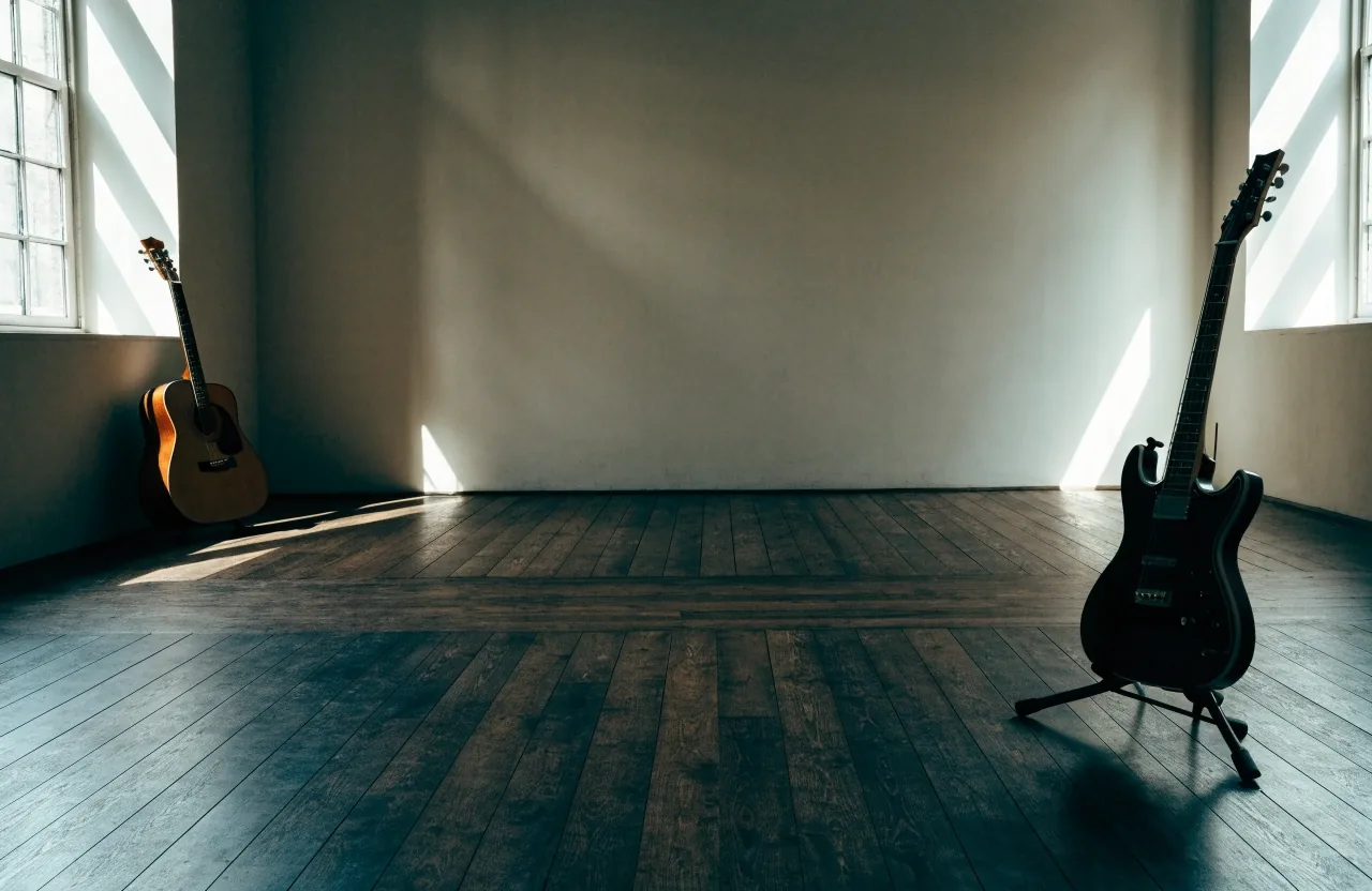 Acoustic and electric guitar side by side on a studio floor under cool window light