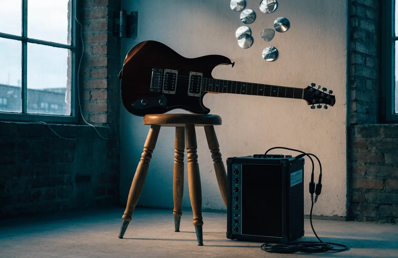Electric guitar beside a small practice amplifier in a practice room under overcast window light