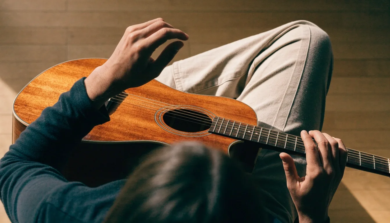 Overhead view of hands forming a chord and resting mid-strum over an acoustic guitar