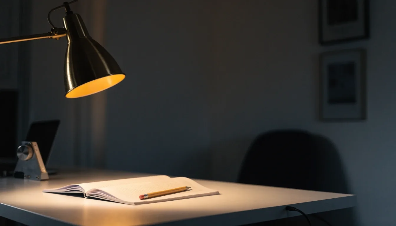Quiet studio desk at the end of the day with a notebook, pencil and a single warm lamp