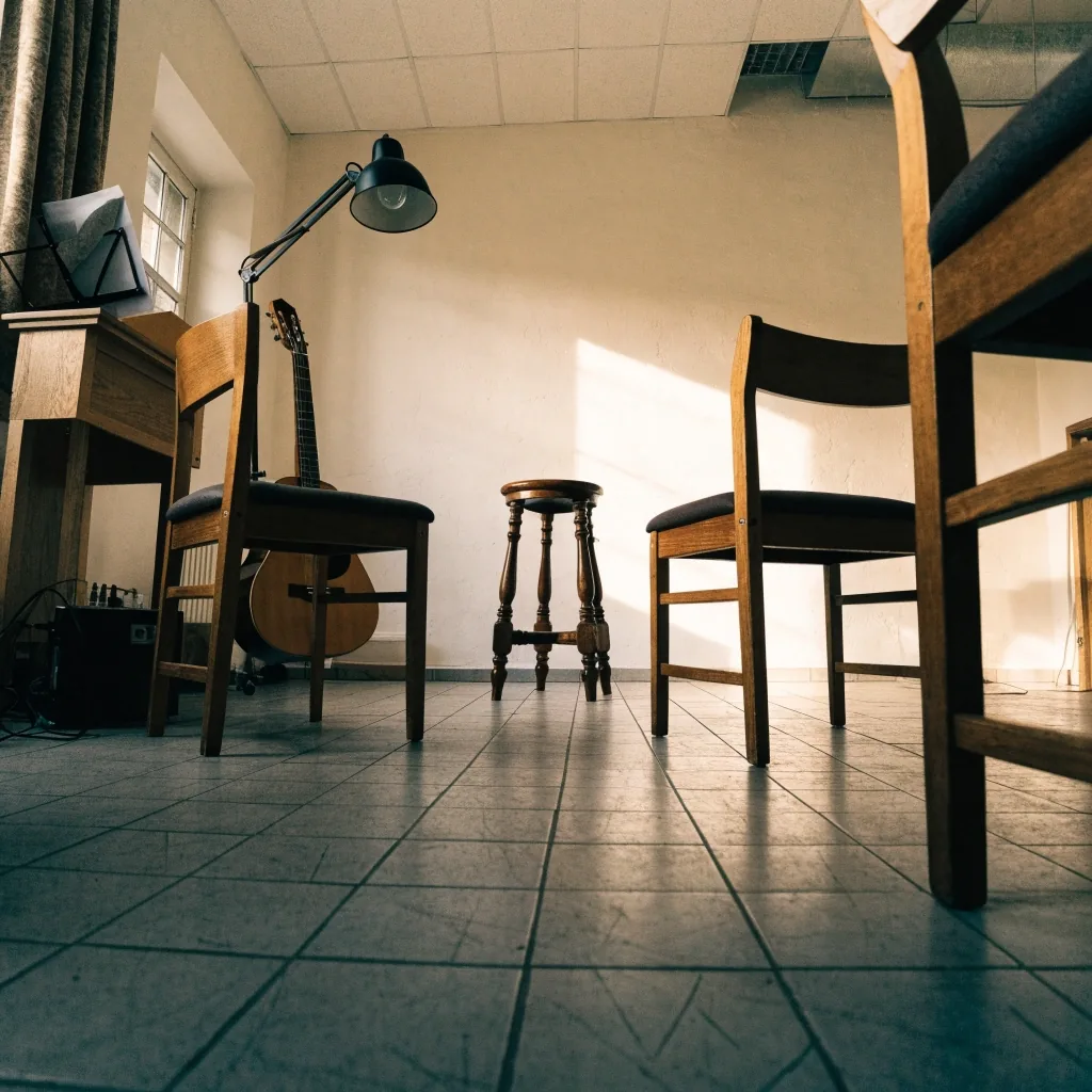 A low wide view of a teaching room with three chairs in an arc and a guitar propped against a music stand