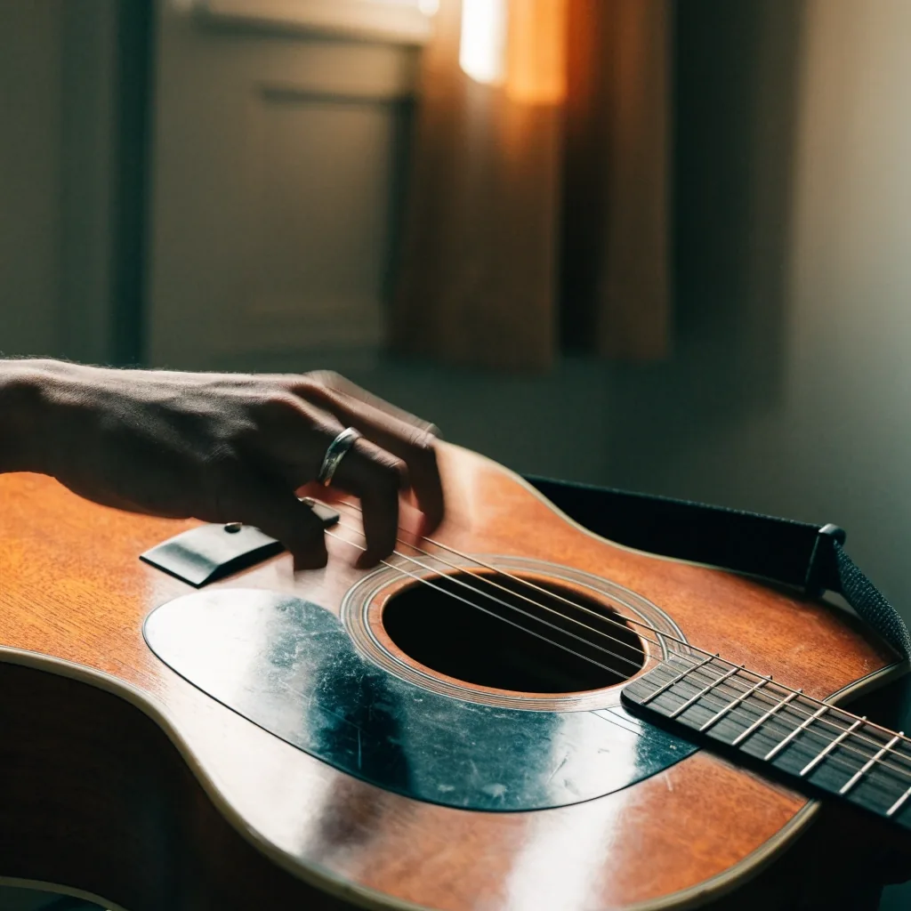 An acoustic guitar lying flat on a dark wooden table with a capo beside the neck in soft window light