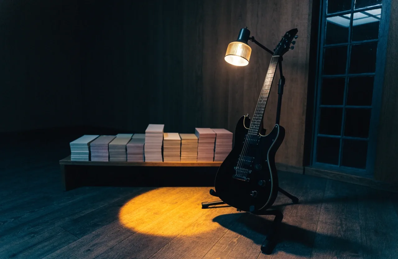 An empty guitar studio at dusk with a stool and music stand under a single warm lamp