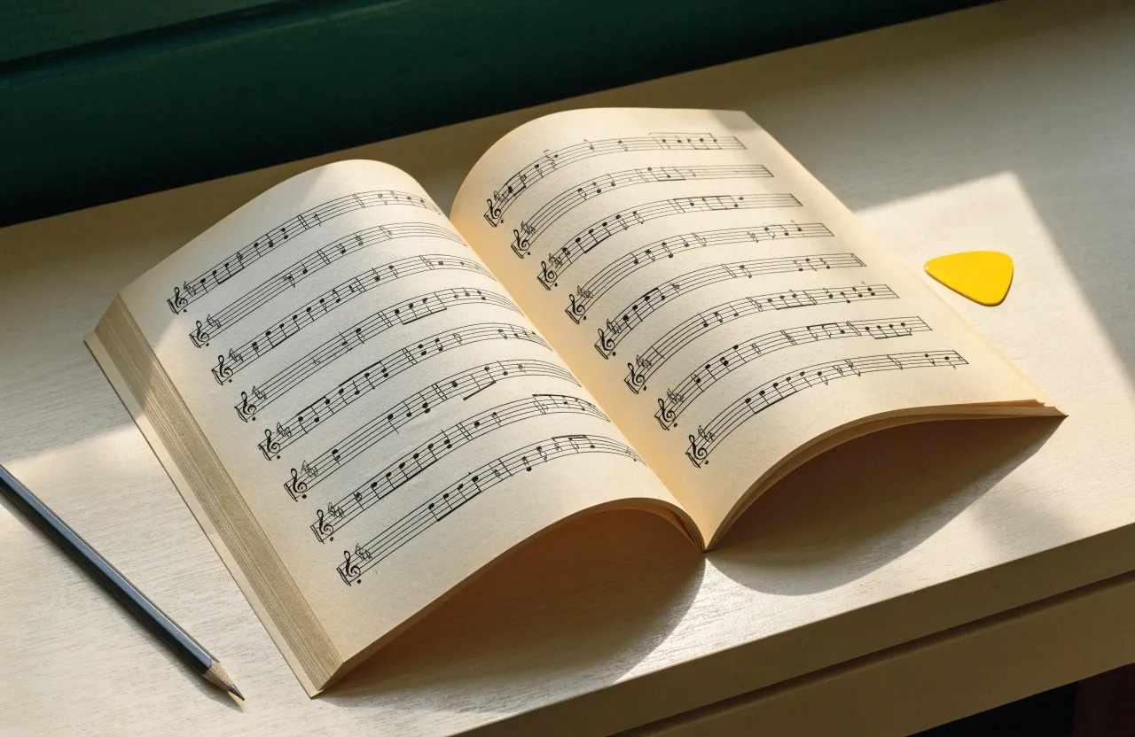 An open manuscript book with blank staves, a pencil and a yellow guitar pick on a pale wooden desk