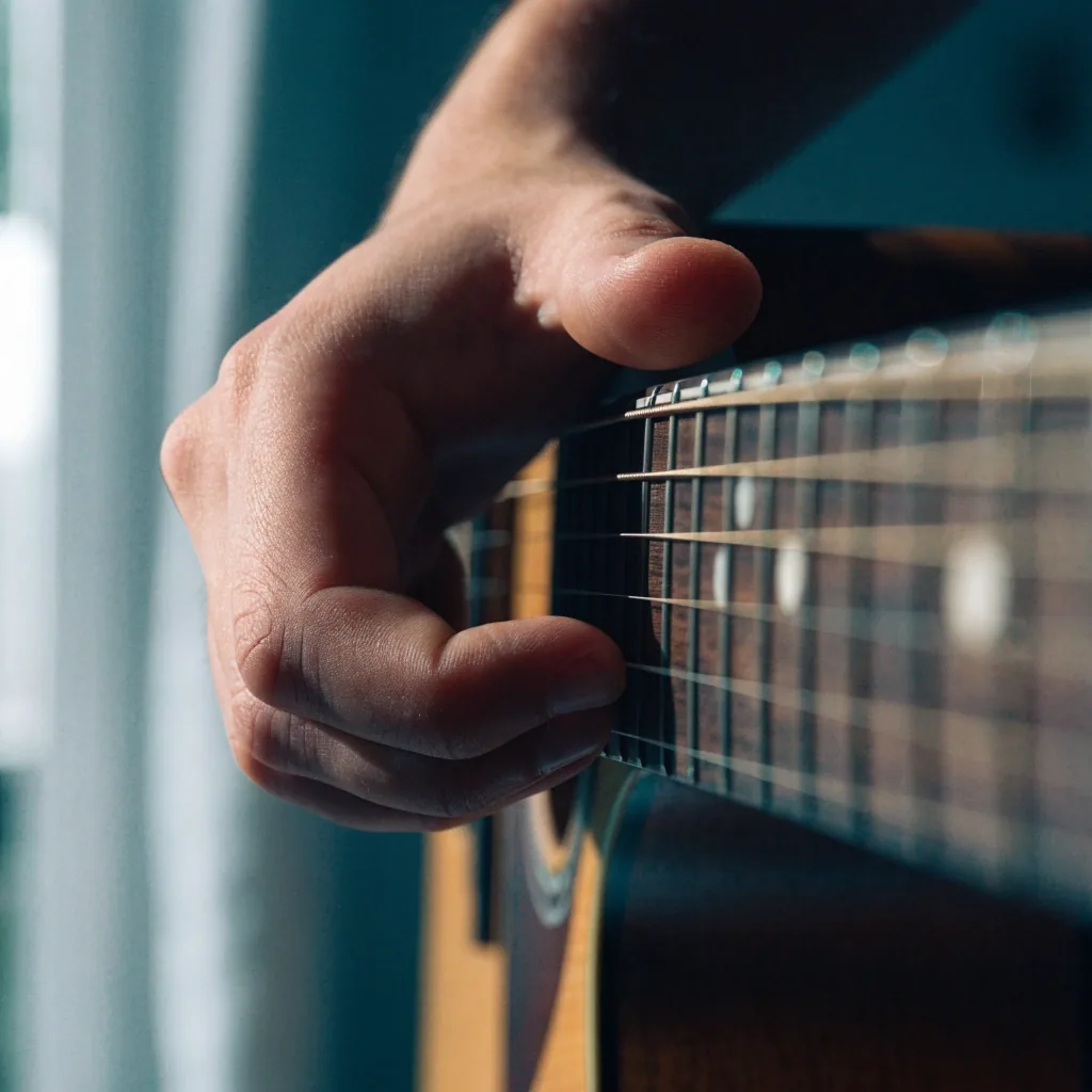 Fretting hand forming a barre shape on the upper frets of an acoustic guitar