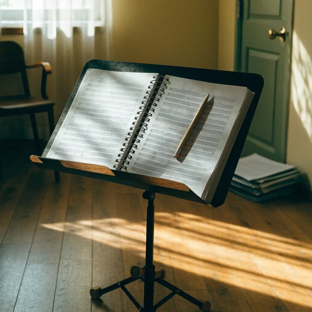 Open printed guitar practice binder with blank staves, pencil resting where the printed rows end