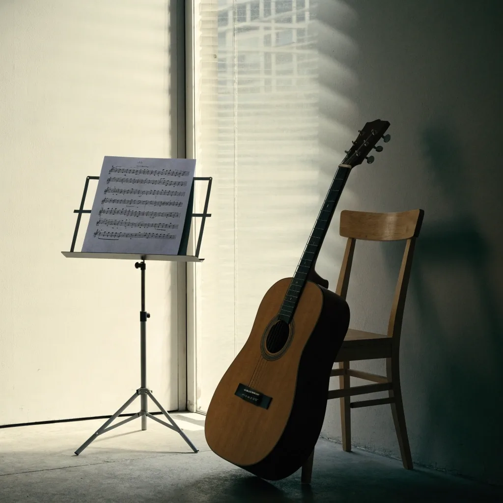 Printed tablature sheet on a music stand beside an acoustic guitar