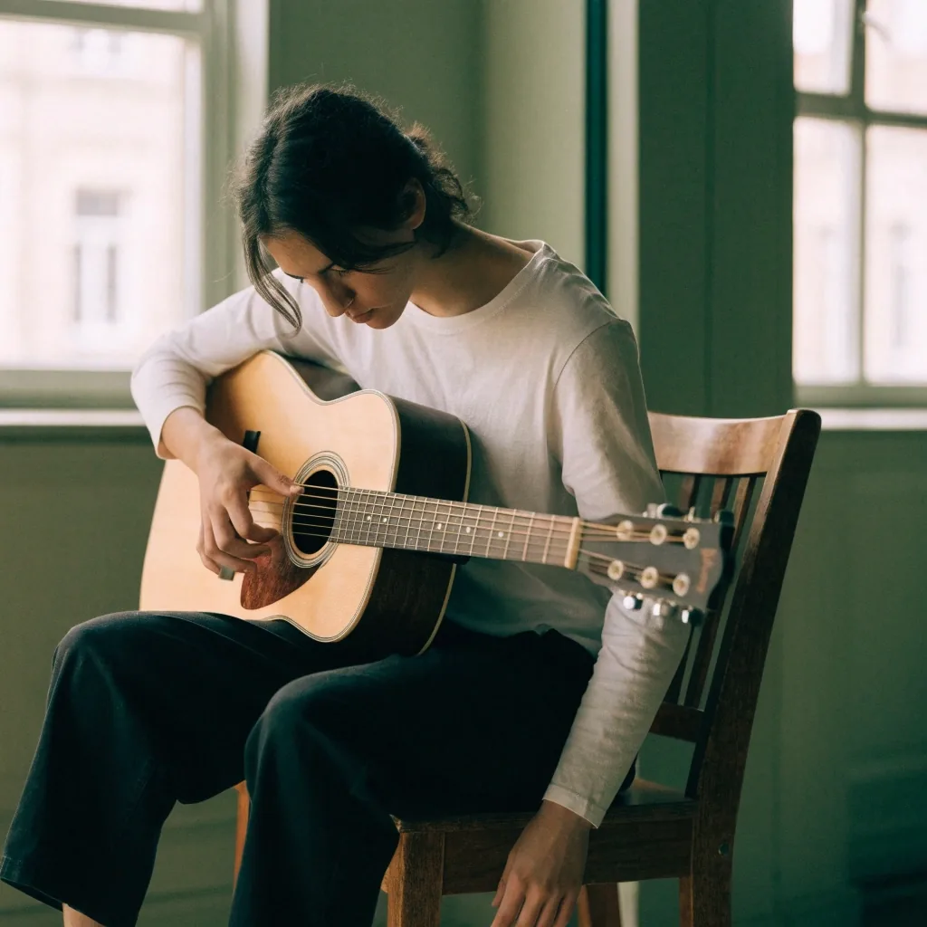 Right hand positioned for fingerpicking over the soundhole of an acoustic guitar