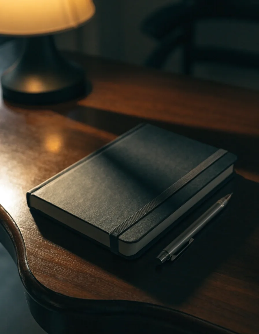 Closed lesson notebook and pencil on a practice desk under warm lamplight