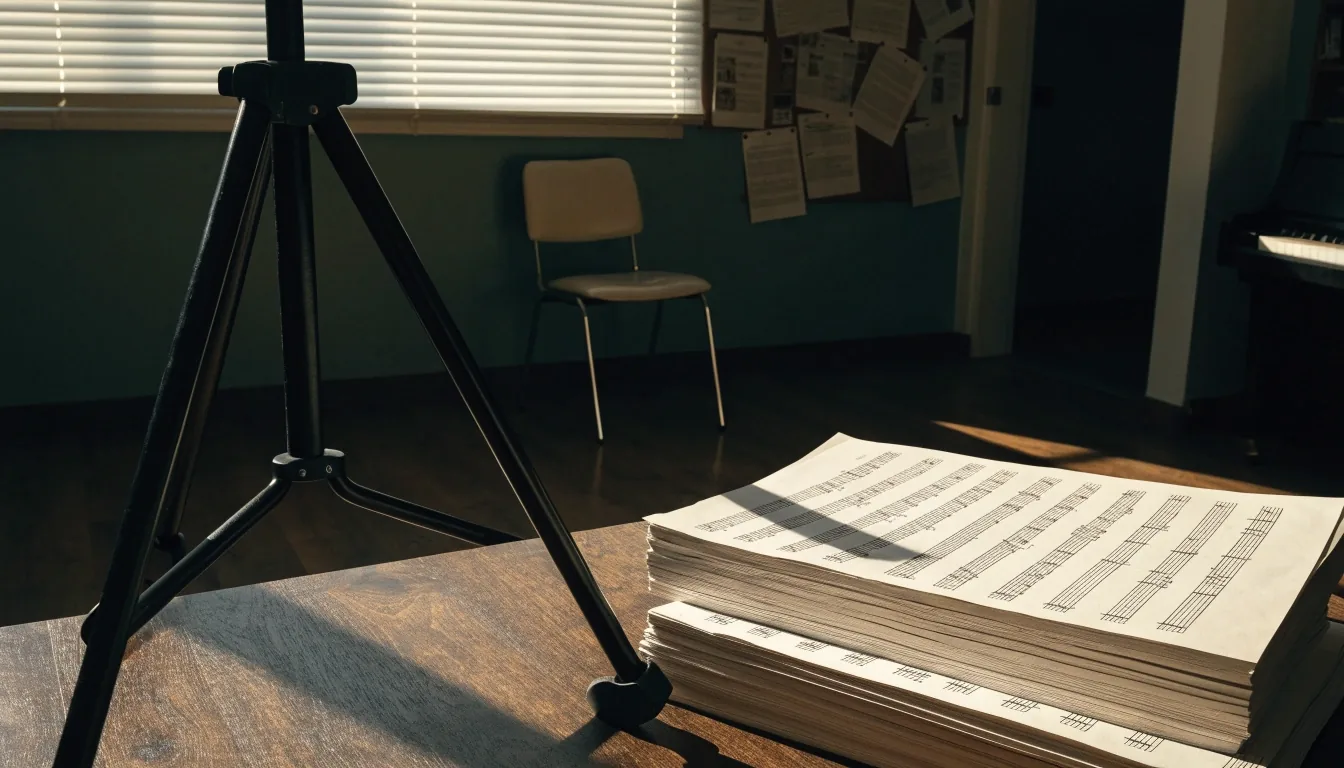 Empty guitar stand and stacked practice sheets in a teaching room at the end of the day