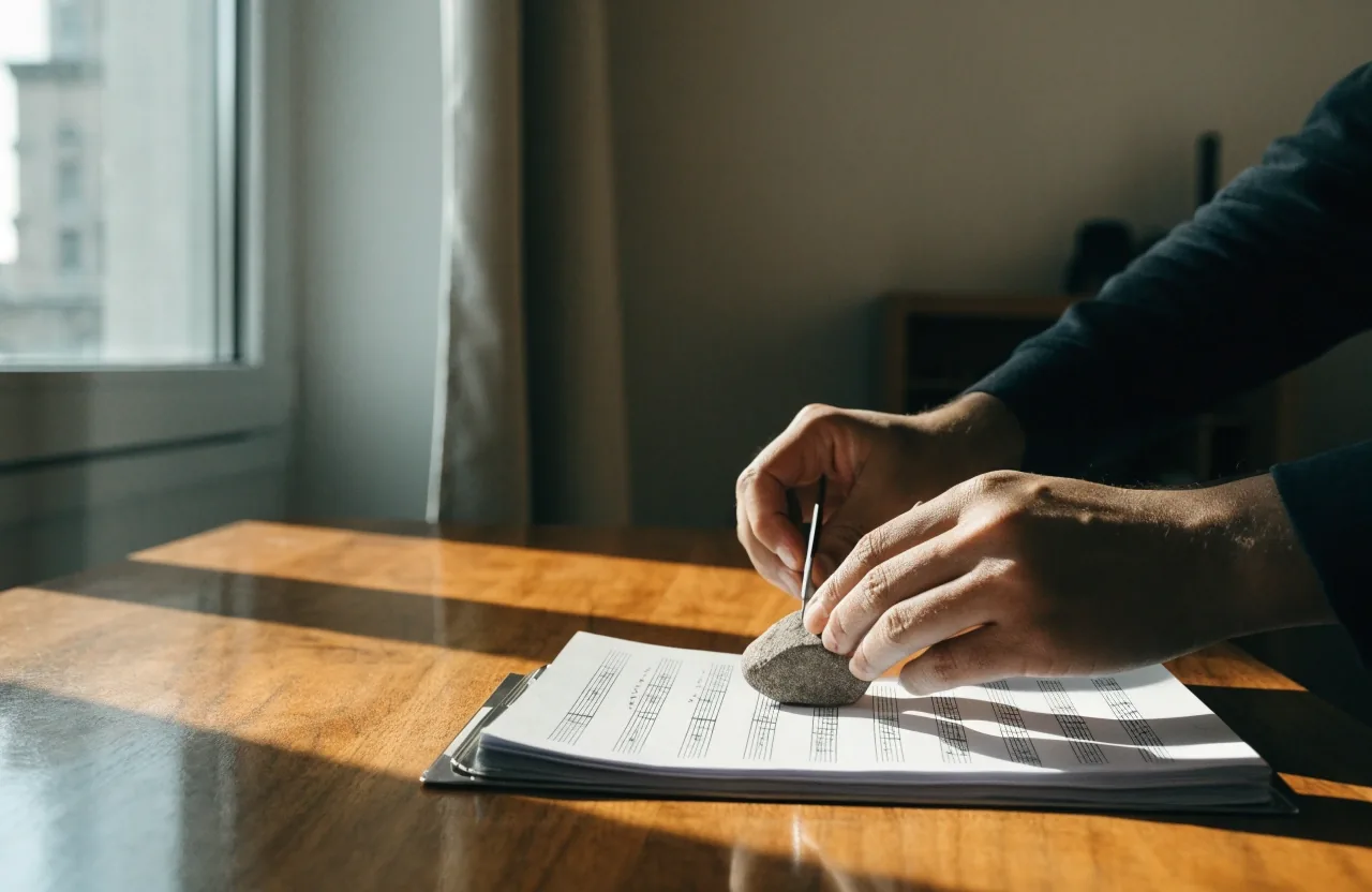 Printed chord pages in an open ring binder on a practice desk in cool window light