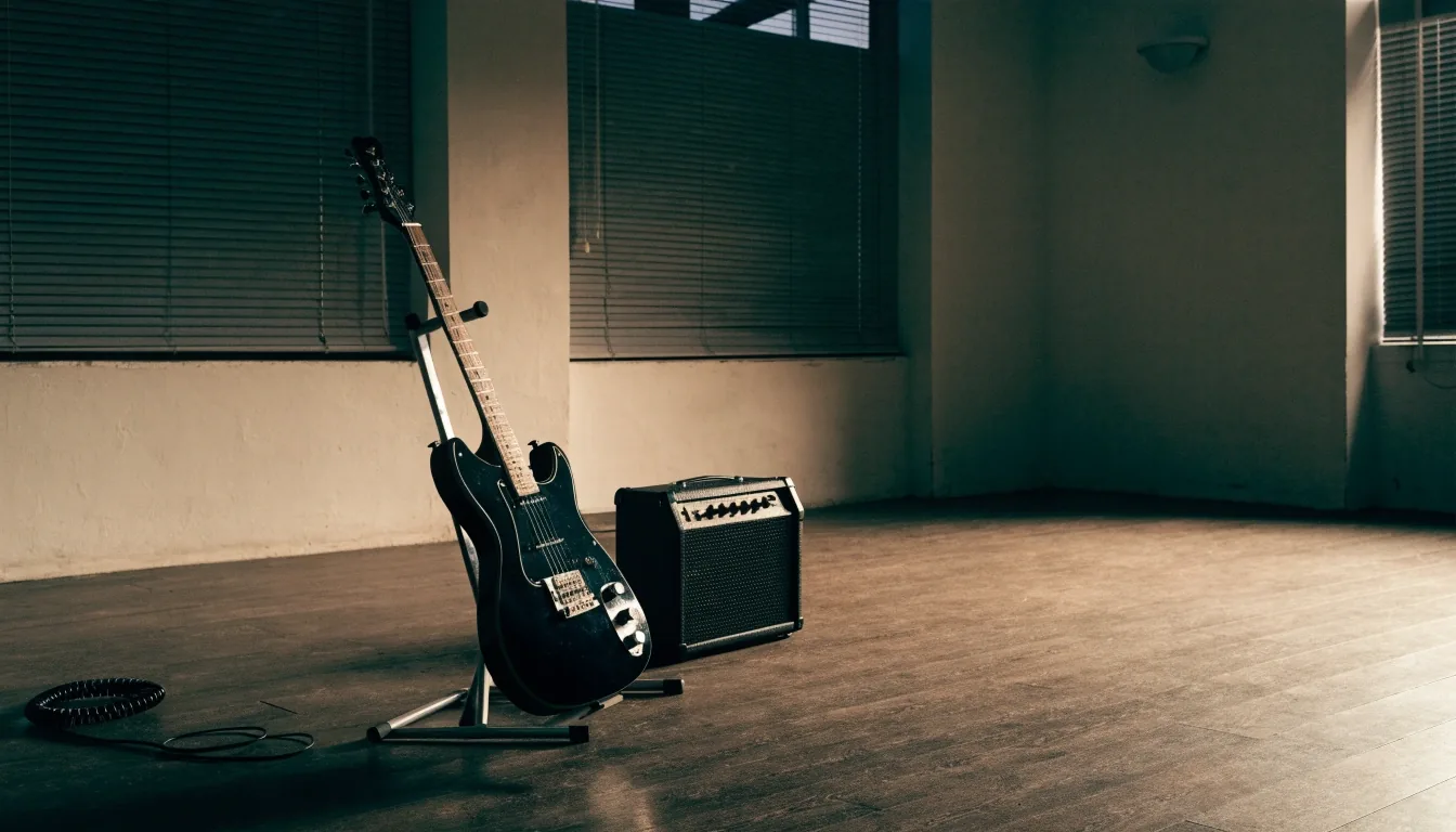 A quiet teaching room at the end of the day, guitar on a stand beside the practice table