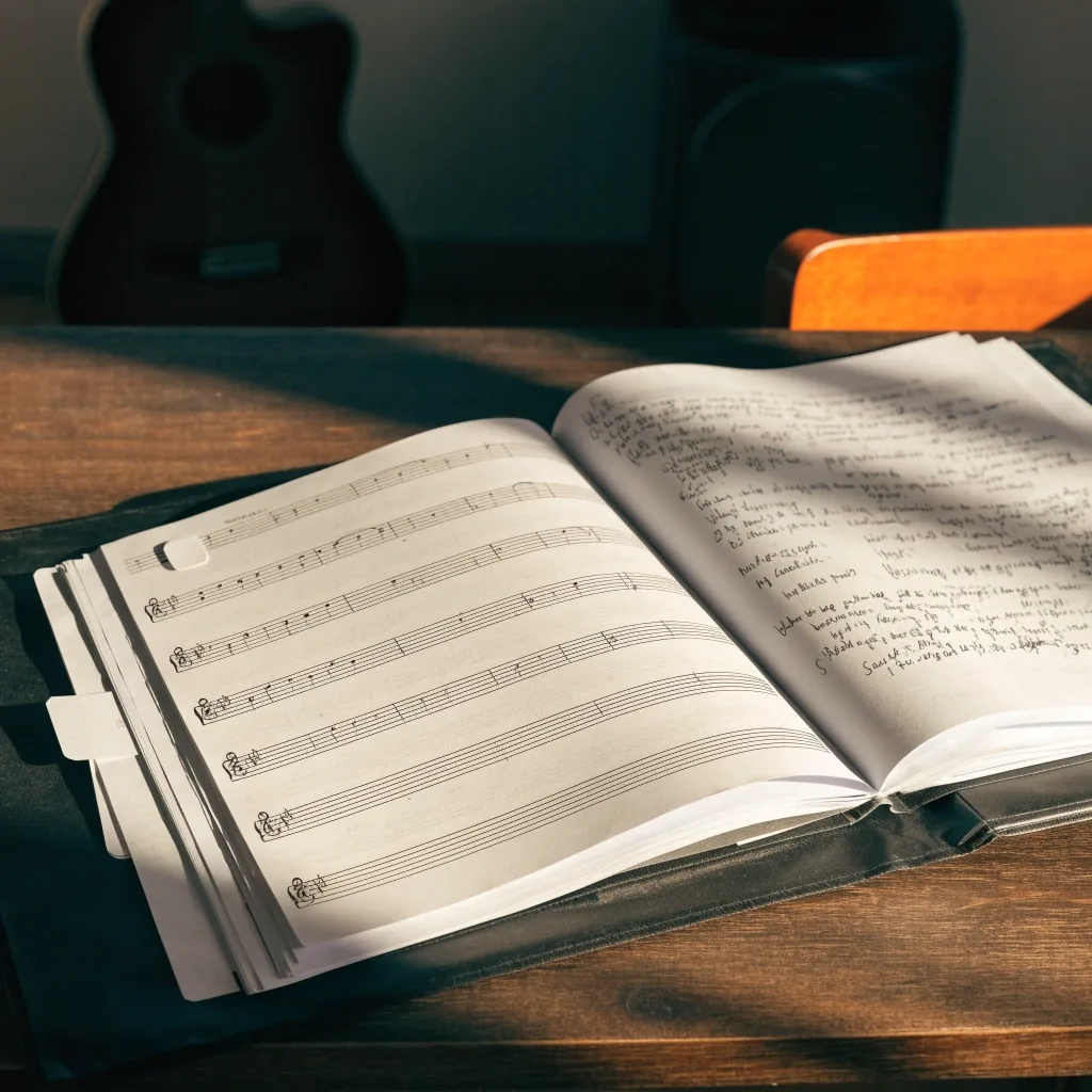 An open practice binder on the studio desk, printed stave lines giving way to handwritten notes